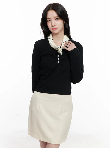 buttoned-crop-long-sleeve-top-co524 / Black