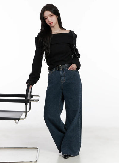 ribbed-off-shoulder-long-sleeve-top-cn527 / Black