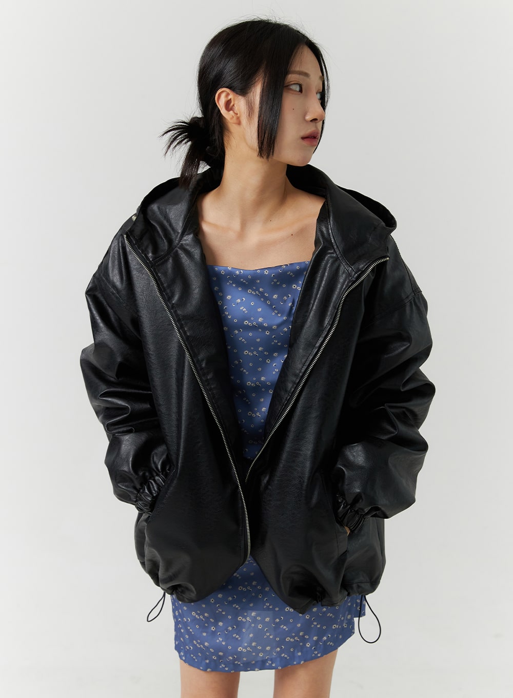 oversized-faux-leather-hooded-jacket-cn329 / Black