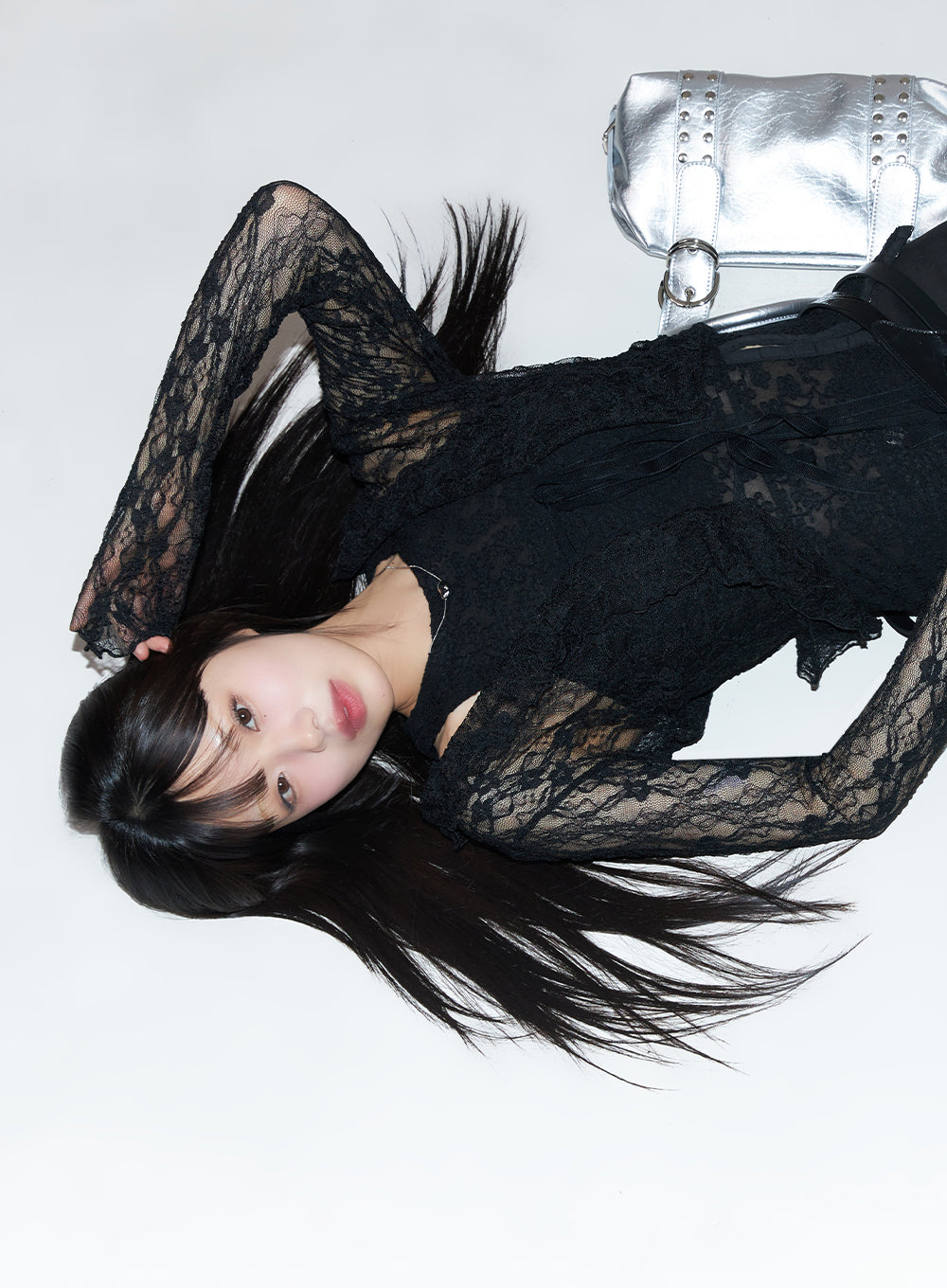 sheer-lace-strap-cardigan-iy502 / Black