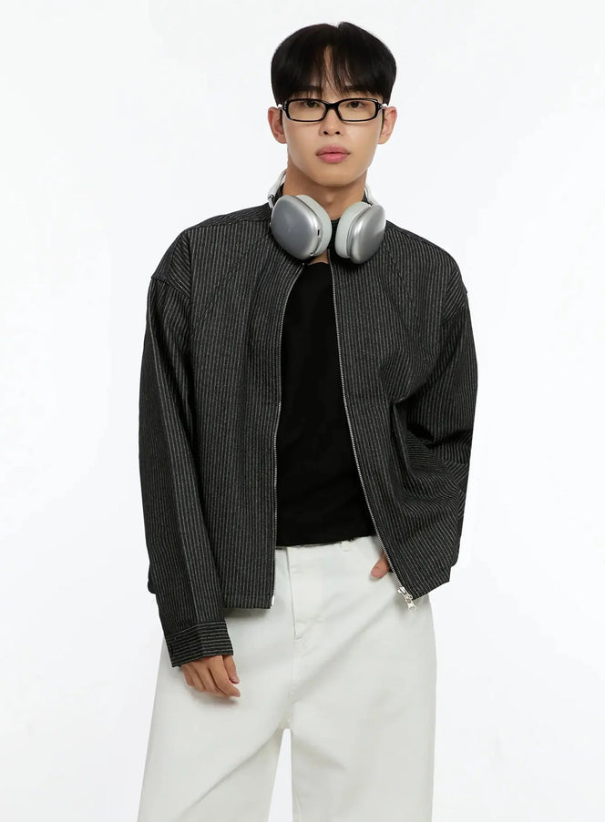 mens-striped-denim-band-collar-jacket-in525 / Black