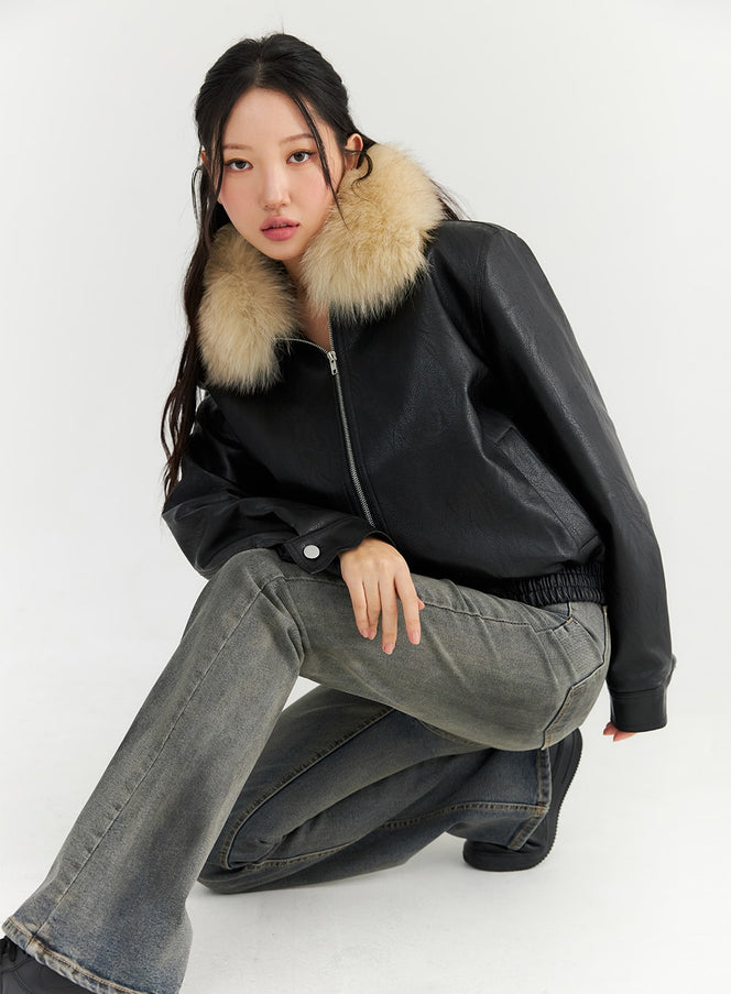 Faux Leather Jacket with Fur Collar CN303 Korean Women's Fashion