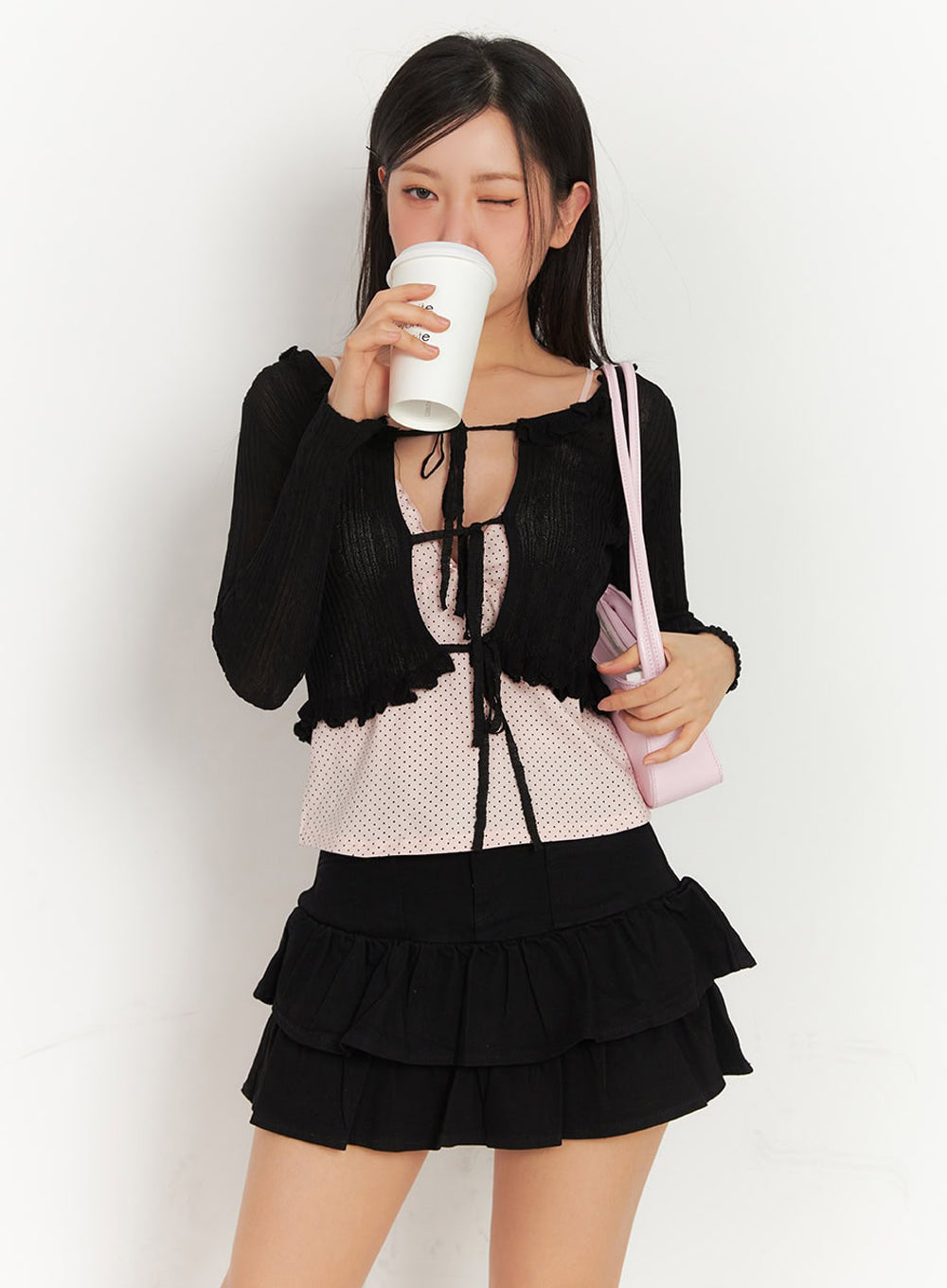 cable-knit-frill-cropped-cardigan-ia525 / Black