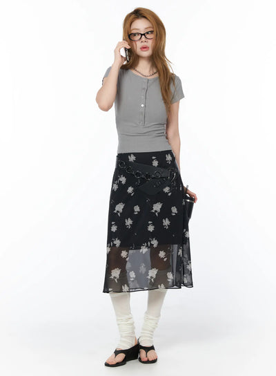 sheer-floral-midi-skirt-cy508 / Black