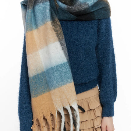 checked-wide-long-scarf-cn513 / Black