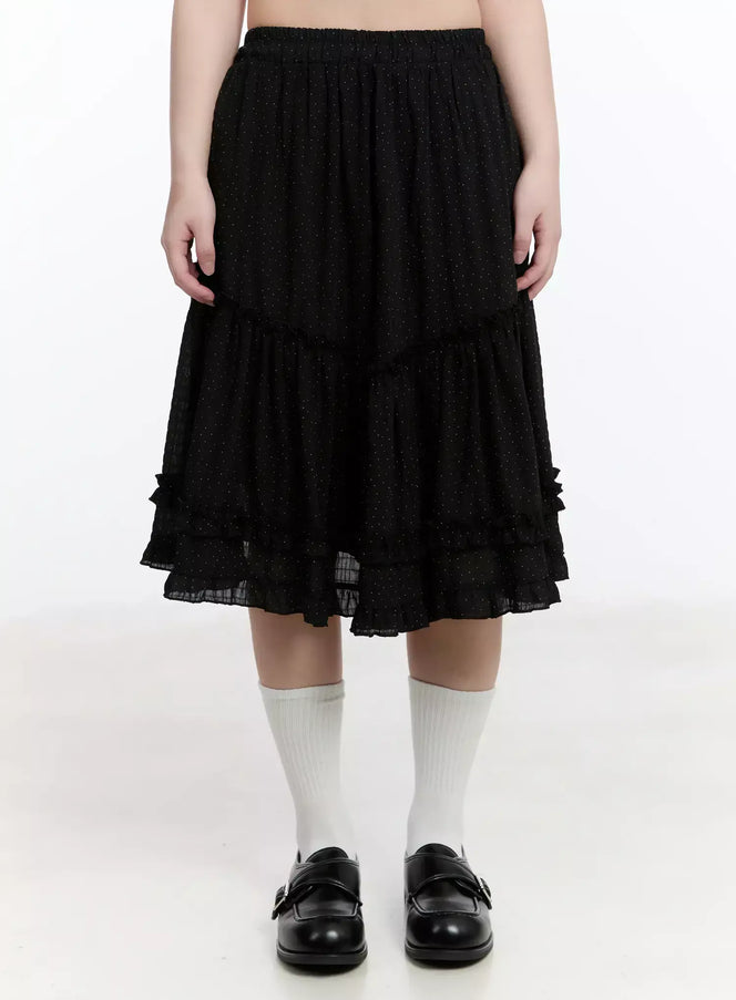 polka-dot-ruffle-hem-midi-skirt-im513 / Black