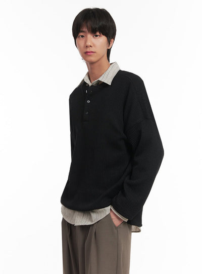 mens-ribbed-buttoned-long-sleeve-shirt-ia510 / Black