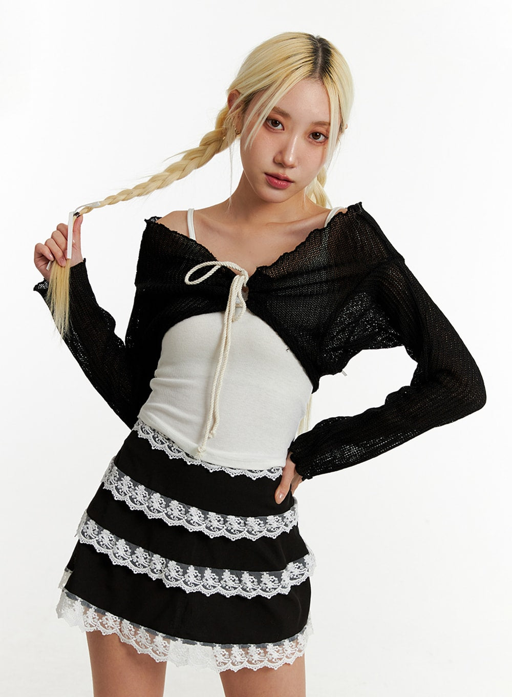 Acubi Style Laced-Trimmed Black Mini Skirt ID313