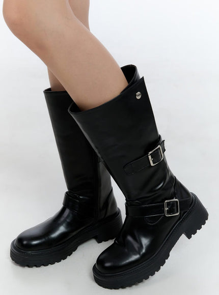 buckle-detail-mid-calf-chunky-ankle-boots-cn421 / Black