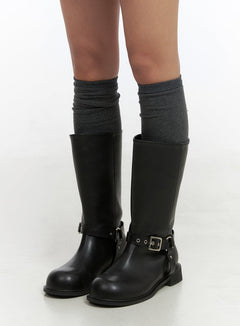 buckle-chic-faux-leather-midi-boots-co415 / Black