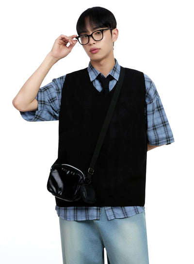 mens-linen-v-neck-knit-vest-ig520 / Black