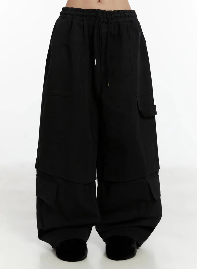 baggy-drawstring-cargo-pants-id525 / Black