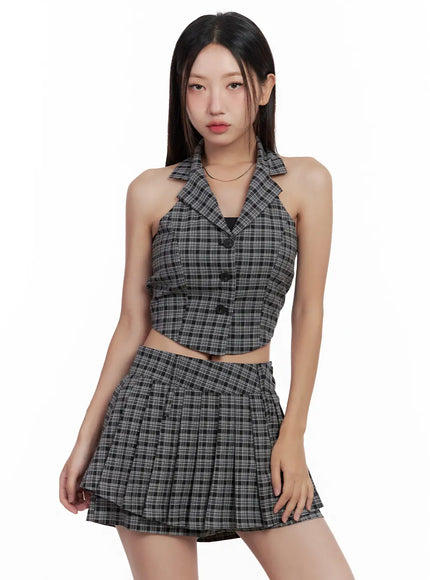 plaid-button-halter-tank-cl508 / Black
