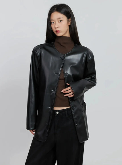 black-faux-leather-jacket-io530 / Black