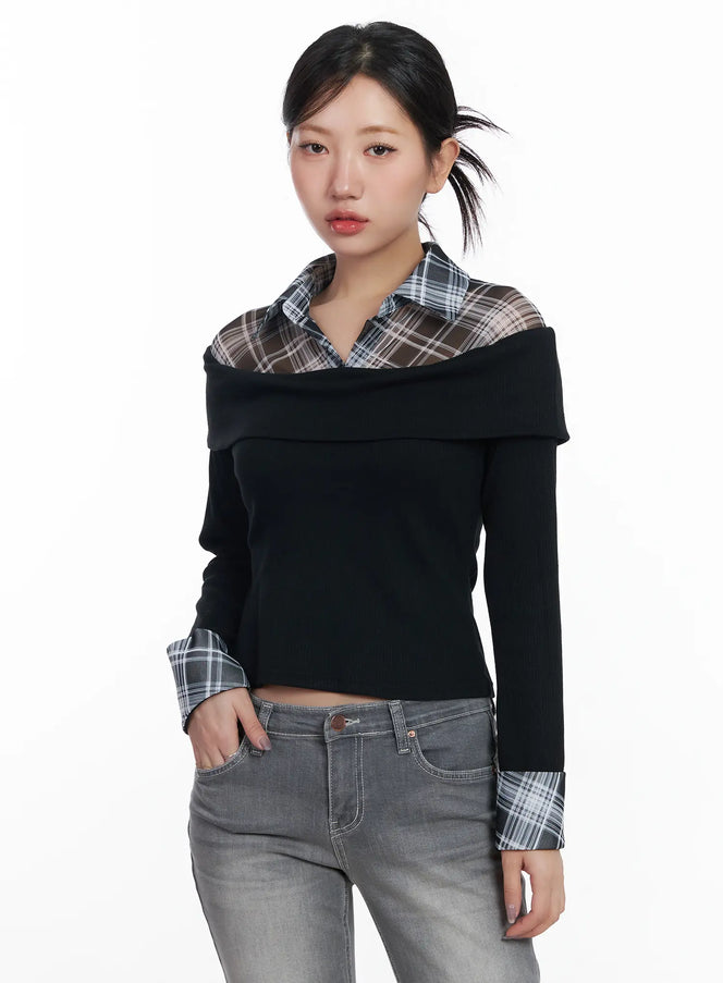layered-off-shoulder-long-sleeve-top-cj530 / Black