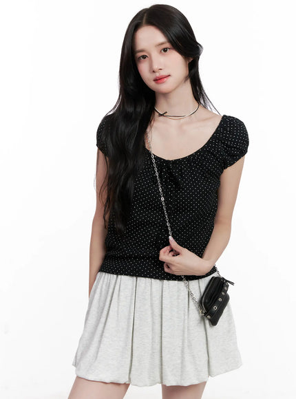 polka-dot-puff-sleeve-ribbon-top-cl516 / Black
