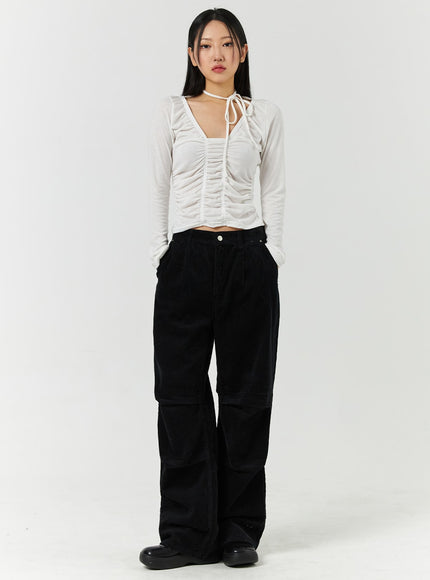 corduroy-middle-waist-pocket-straight-leg-trousers-cd322 / Black