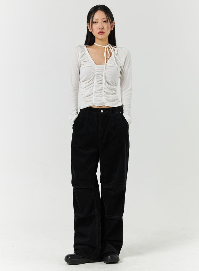 corduroy-middle-waist-pocket-straight-leg-trousers-cd322 / Black