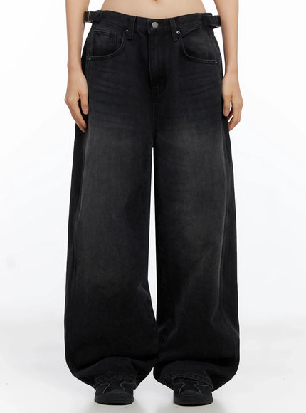 goffel-side-belt-washed-wide-denim-pants-co517 / Black