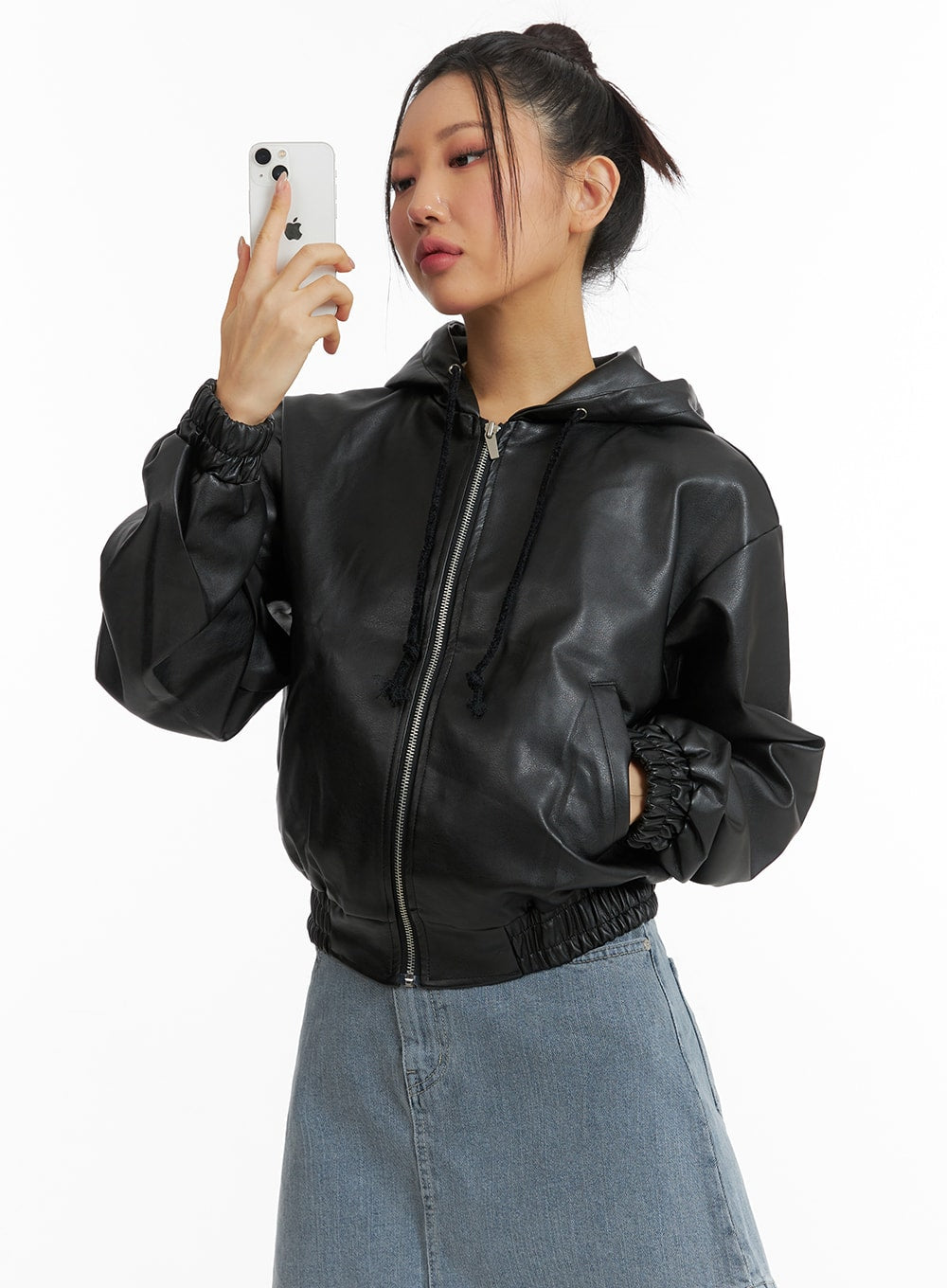 Faux Leather Hooded Bomber Jacket CJ429