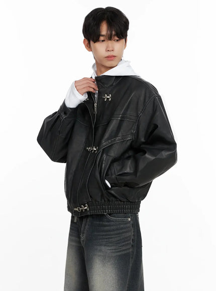 mens-faux-leather-toggle-buckle-jacket-io517 / Black