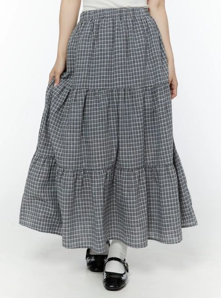 tiered-plaid-maxi-skirt-iy507 / Black