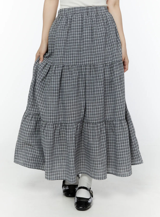 tiered-plaid-maxi-skirt-iy507 / Black