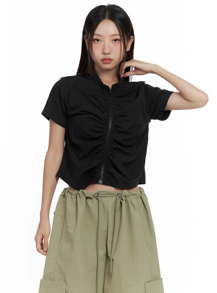 shirred-zip-nylon-short-sleeve-jacket-cl509 / Black