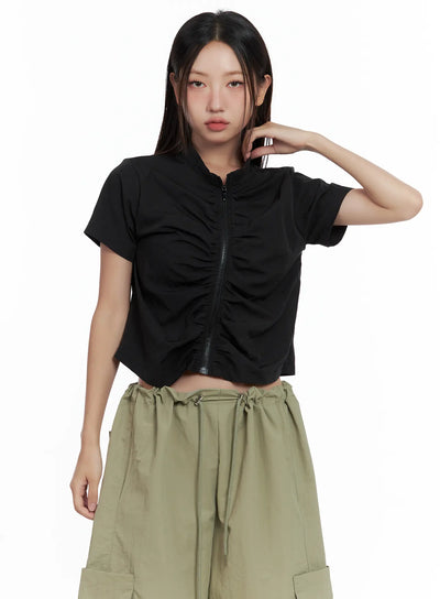 shirred-zip-nylon-short-sleeve-jacket-cl509 / Black