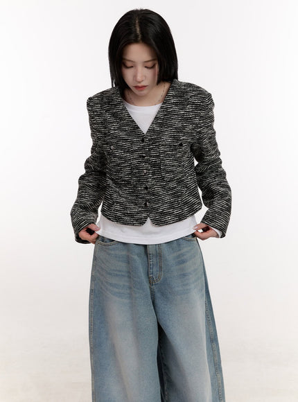 tweed-v-neck-crop-cardigan-cj529 / Black