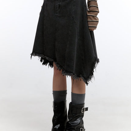 unbalanced-washed-denim-midi-skirt-cn401 / Black
