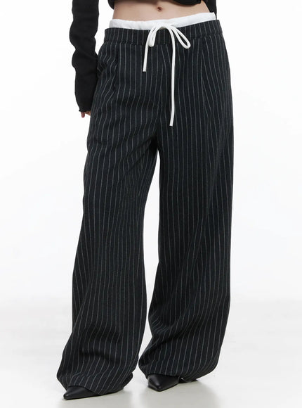 layered-pinstripe-wide-leg-pants-cj506 / Black