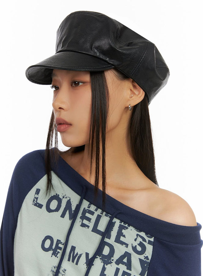 leather-beret-hat-is427 / Black