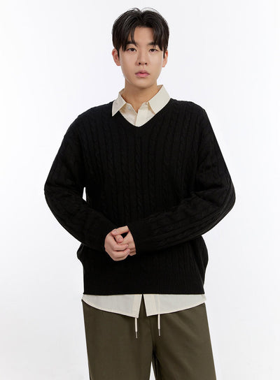 mens-cable-knit-v-neck-sweater-if528 / Black