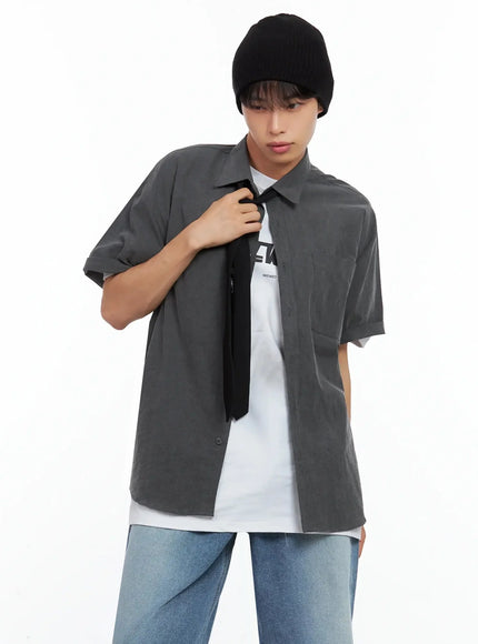 mens-collared-short-sleeve-button-up-top-il516 / Black