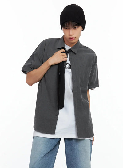 mens-collared-short-sleeve-button-up-top-il516 / Black
