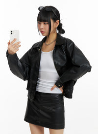faux-leather-collar-pocket-bomber-jacket-im414 / Black