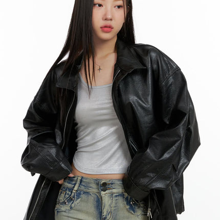 oversize-zip-up-faux-leather-jacket-ol408 / Black