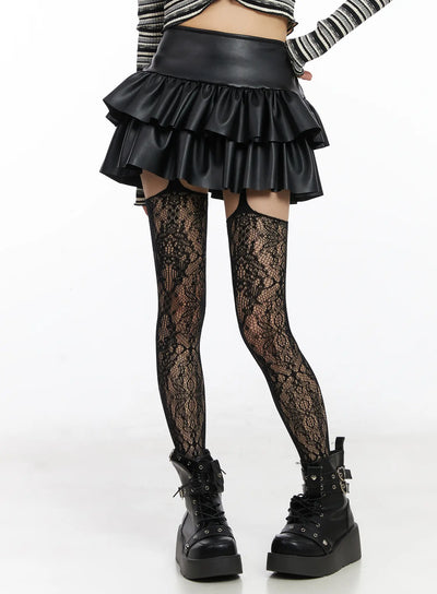 faux-leather-ruffle-mini-skirt-cd522 / Black