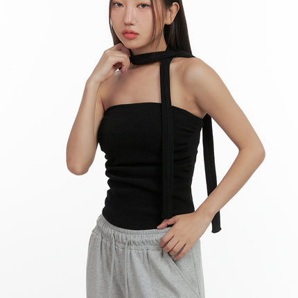 shirred-solid-tube-crop-top-and-scarf-set-co404 / Black