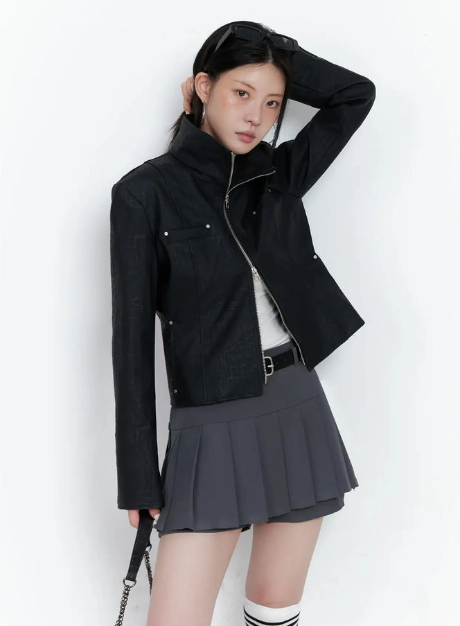 high-neck-zip-up-faux-leather-jacket-is508 / Black