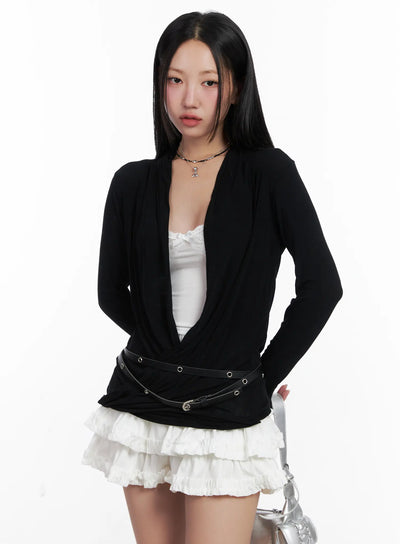 casual-v-neck-long-sleeve-top-cn528 / Black