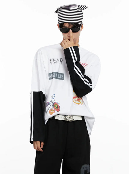 mens-graphic-layered-long-sleeve-top-io516 / White