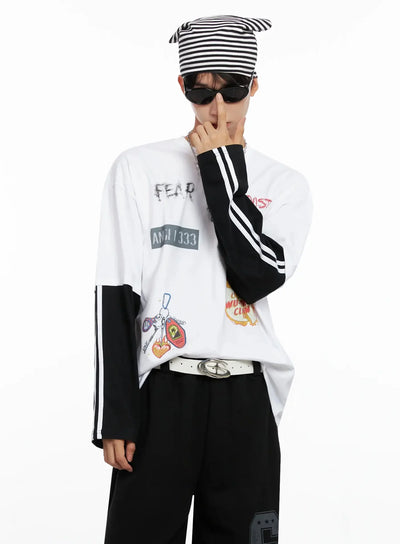 mens-graphic-layered-long-sleeve-top-io516 / White