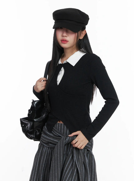 button-wrap-collar-ribbed-long-sleeve-top-cd529 / Black