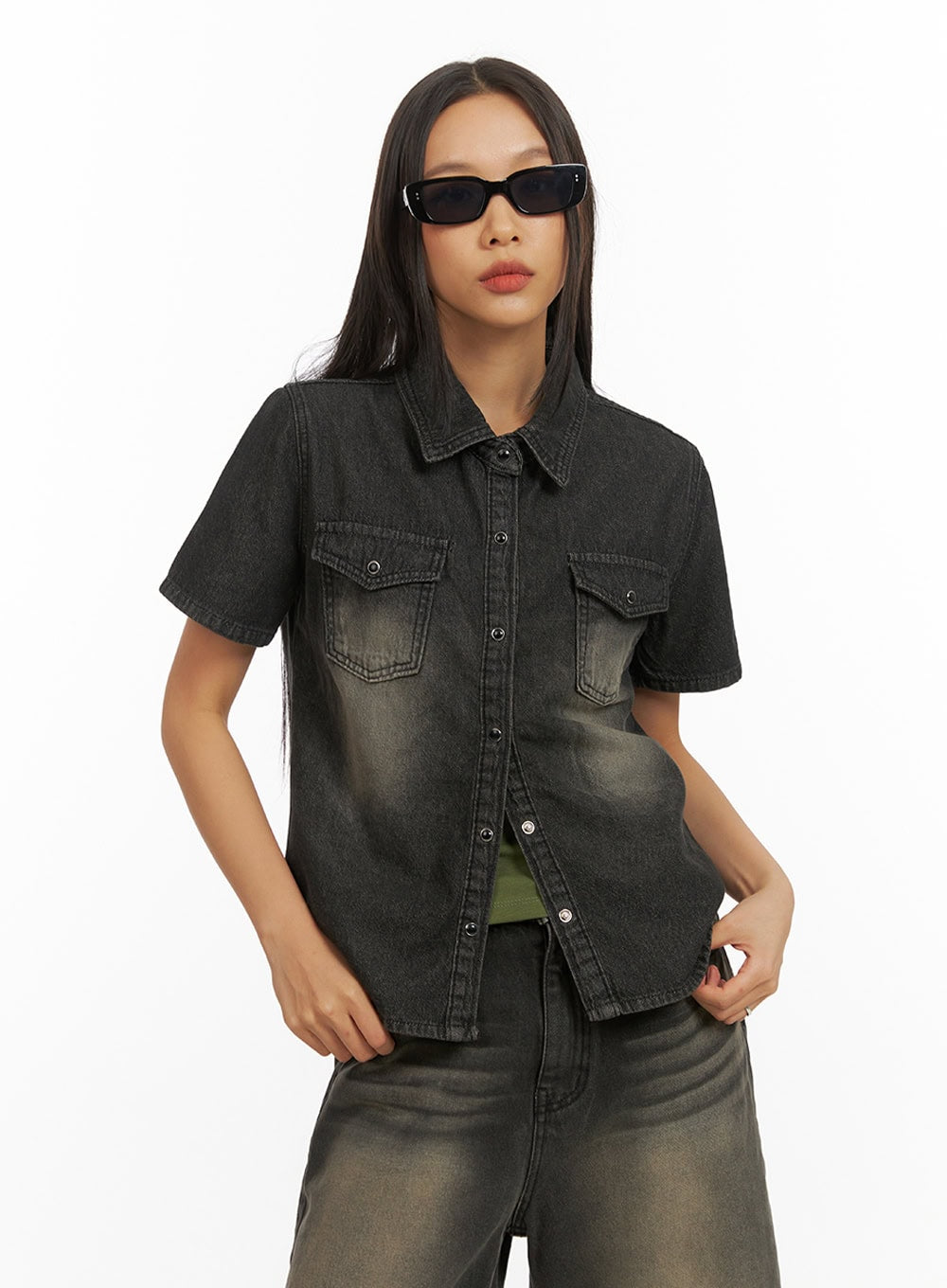 denim-collar-solid-pocket-blouse-iy422 / Black