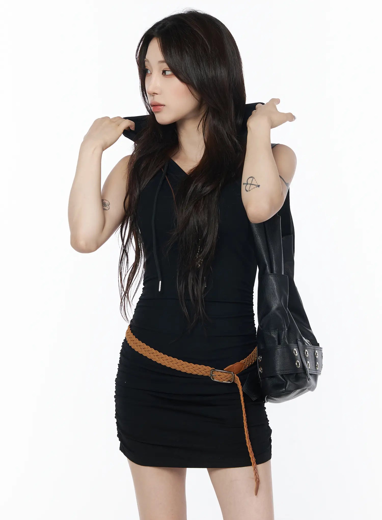 padded-hooded-ruched-bodycon-mini-dress-cu504 / Black