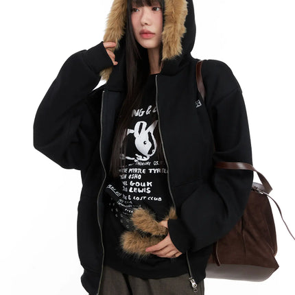 oversized-faux-fur-trim-hoodie-cn521 / Black