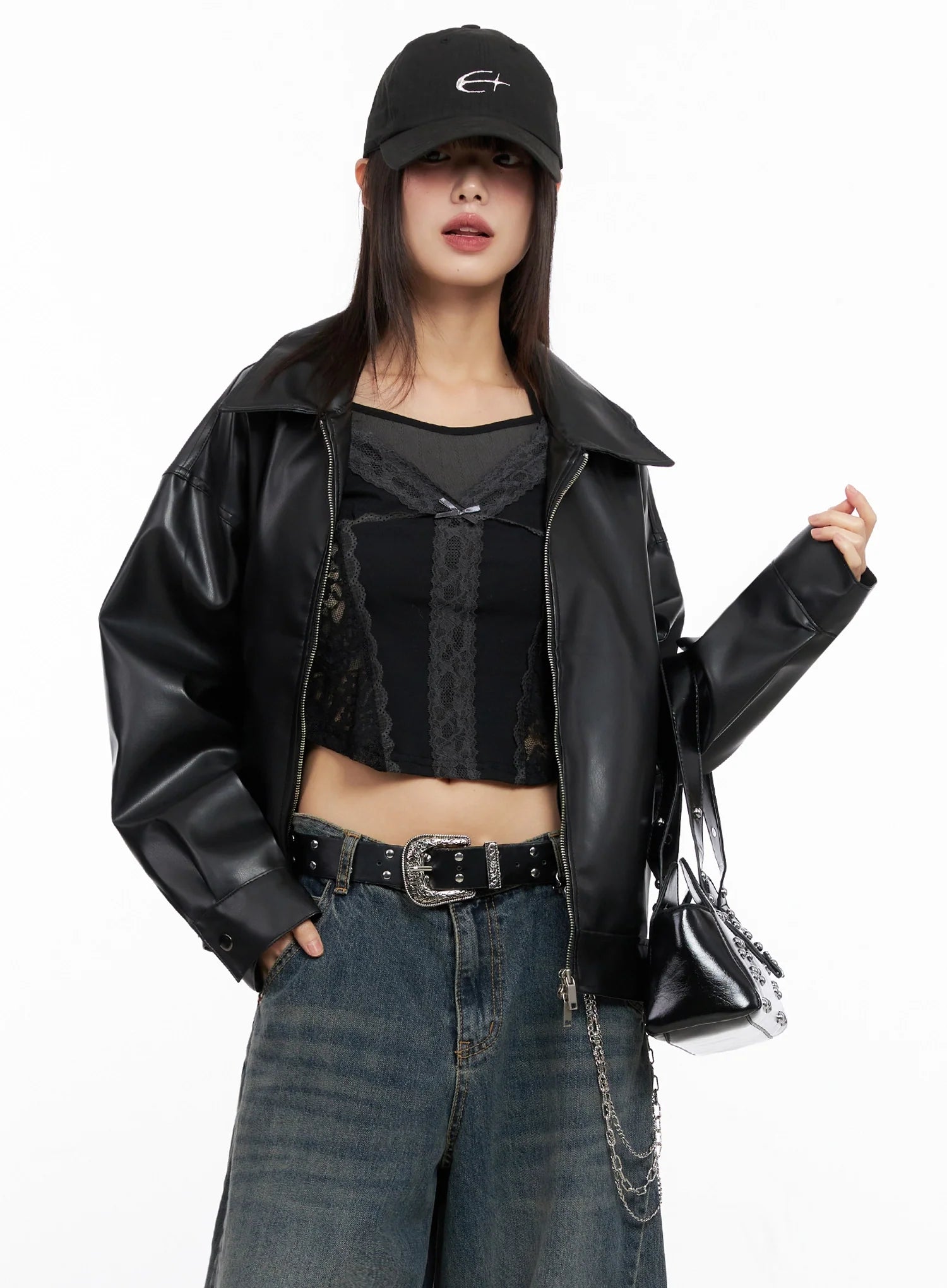basic-cropped-faux-leather-jacket-in507 / Black