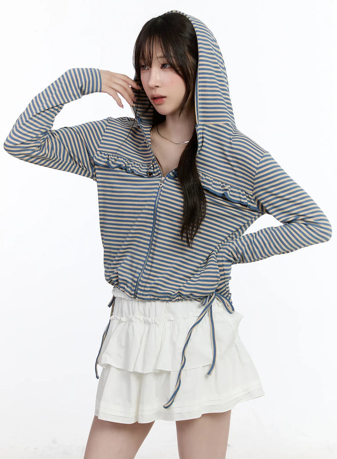 ruffle-detailed-zip-up-hoodie-ca502 / Blue